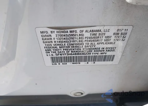 2011 Honda Pilot Ex-L z USA, uszkodzony, nr VIN 5FNYF3H64BB036239